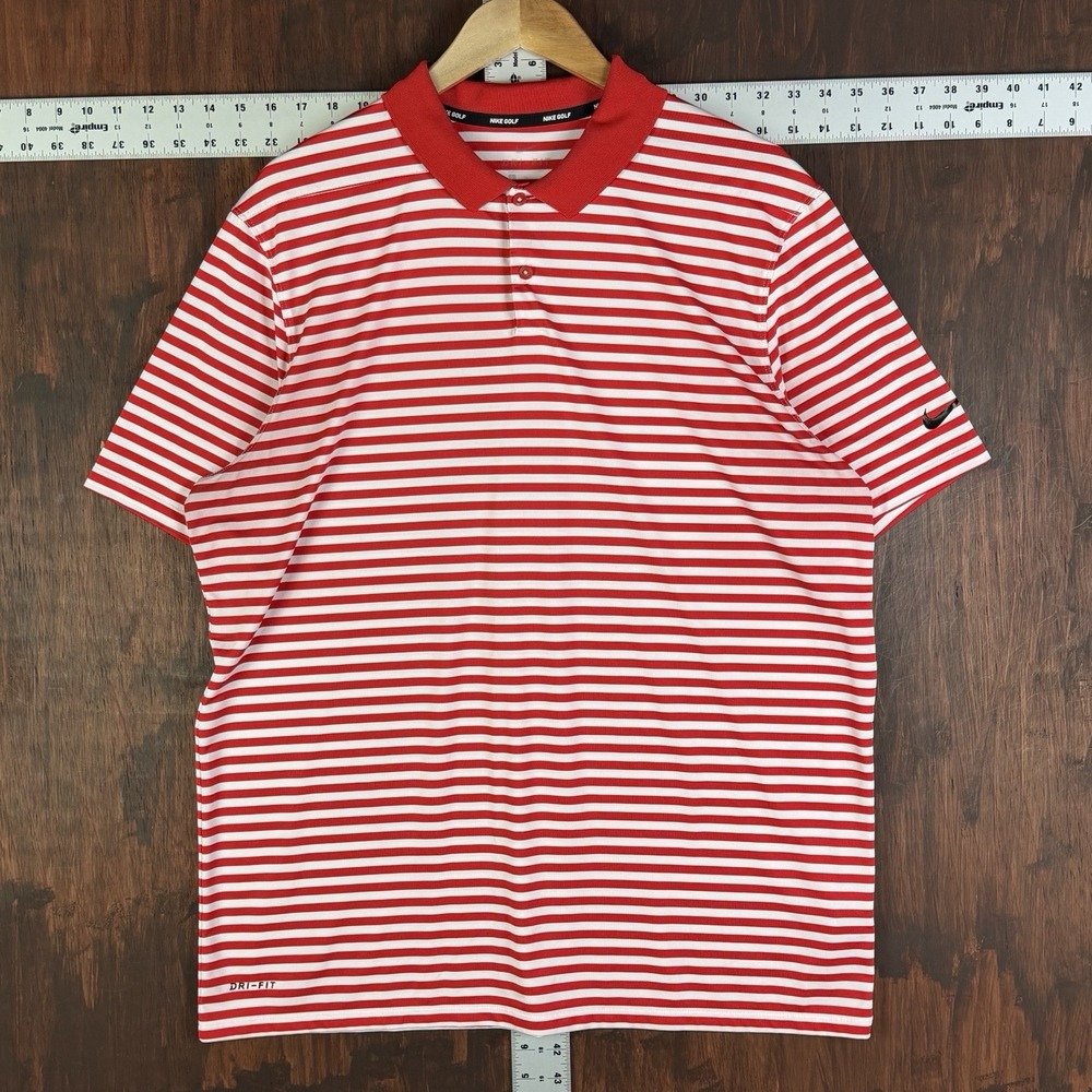 Nike Golf Performance Polo Shirt Striped Dri-Fit 891853-657 Swoosh Red White XL